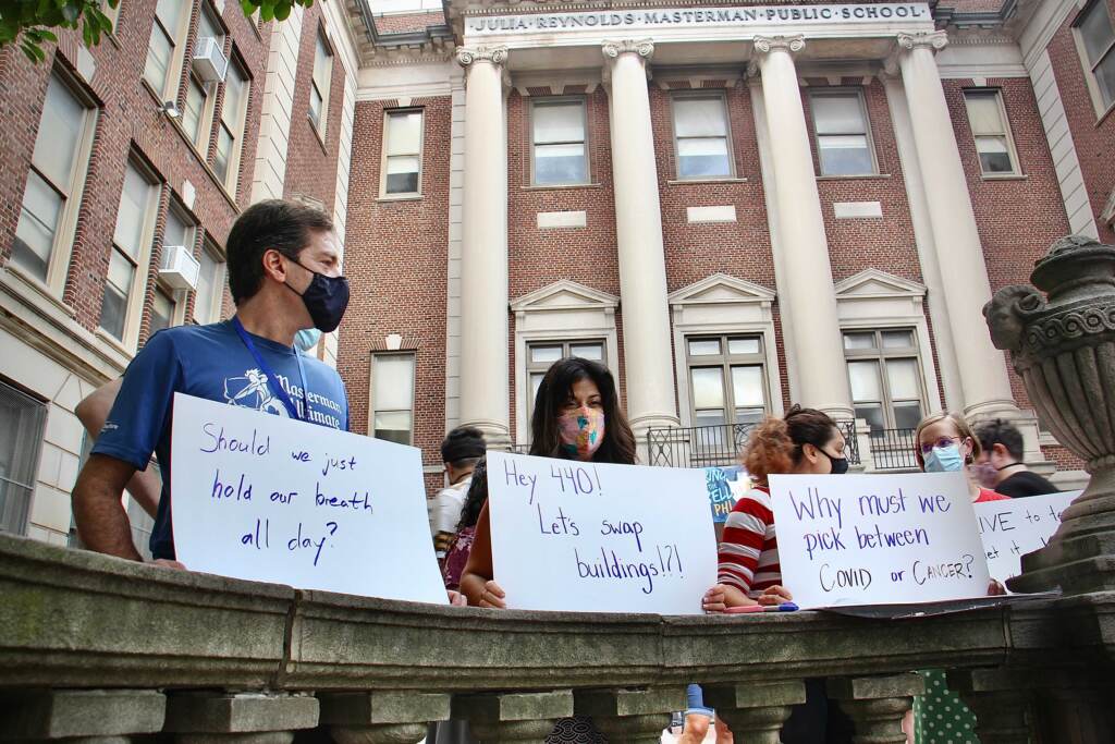 Image from iOS Masterman teachers protest outside school.