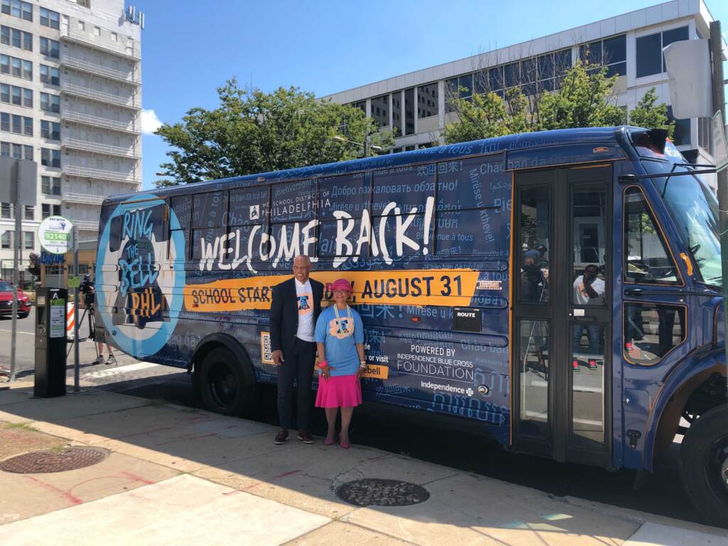 Image from iOS (8) Philadelphia Superintendent William Hite (left) and President of the Independence Blue Cross Foundation, Lorina Marshall-Blake (right). (Emily Rizzo/WHYY)