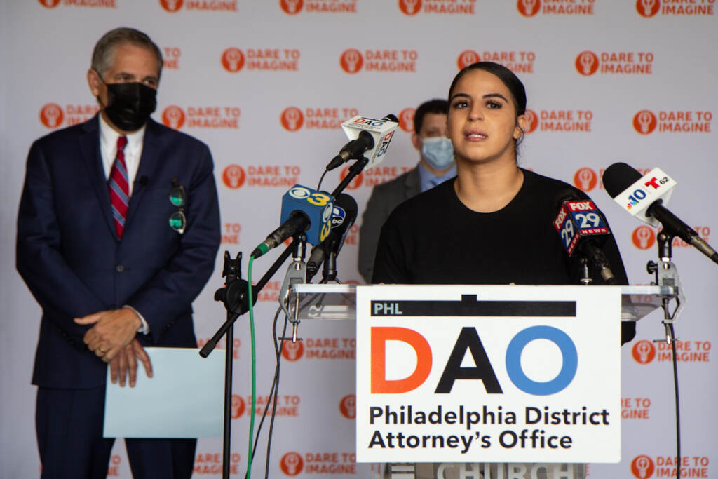 JoanOrtiz_NikoletteRivera.kp082321 Joan Ortiz speaks at a DAO press conference.