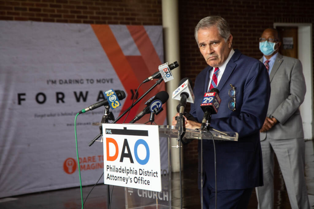 DA Larry Krasner speaks at a press conference
