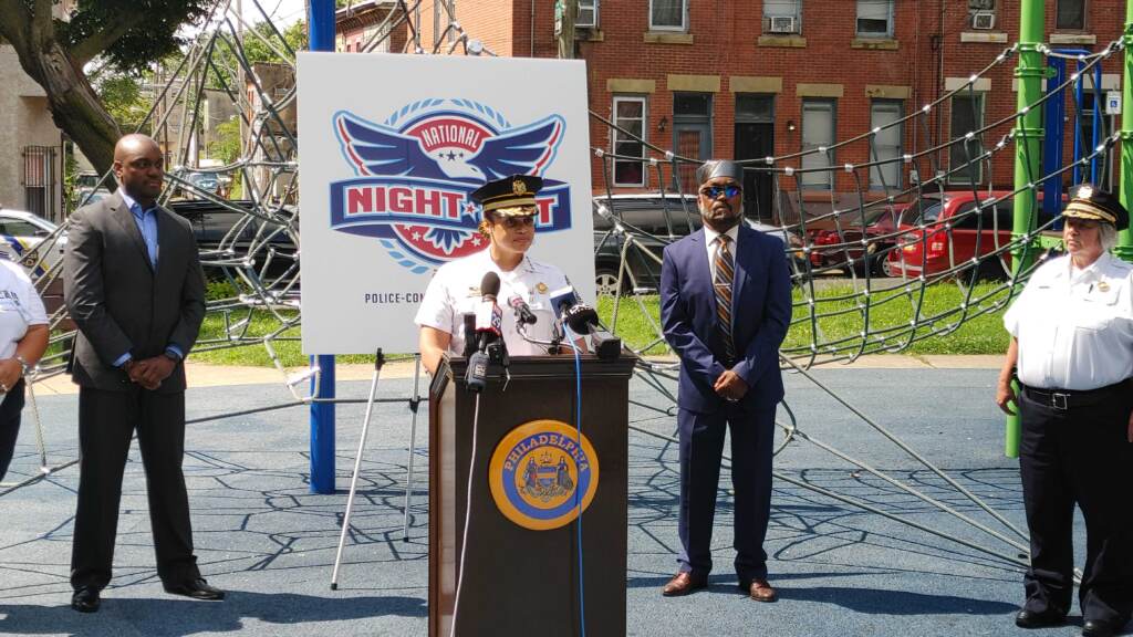 Philadelphia Police Commissioner Danielle Outlaw speaks from a podium during a press conference