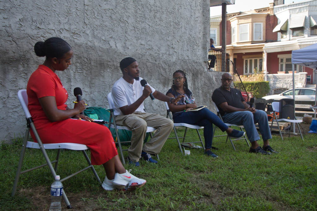 antiviolence-panel-03 L to R: Moderator Layla A. Jones and panelists Siddiq Moore, Soneyet Muhammad, and Michael Thorpe. (Kimberly Paynter / WHYY)