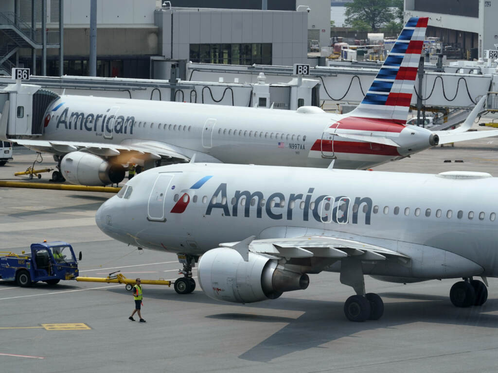 American Airlines passenger jets prepare for departure at Boston Logan International Airport