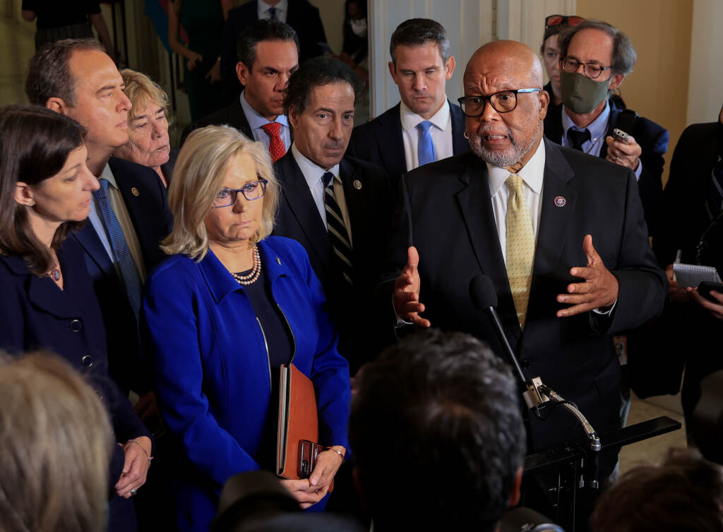Reps. Bennie Thompson (right) and Liz Cheney, joined by fellow committee members, speak to the media after a July 27 hearing of the House select committee investigating the Jan. 6 attack on the U.S. Capitol. Reps. Bennie Thompson (right) and Liz Cheney, joined by fellow committee members, speak to the media after a July 27 hearing of the House select committee investigating the Jan. 6 attack on the U.S. Capitol. (Chip Somodevilla/Getty Images)