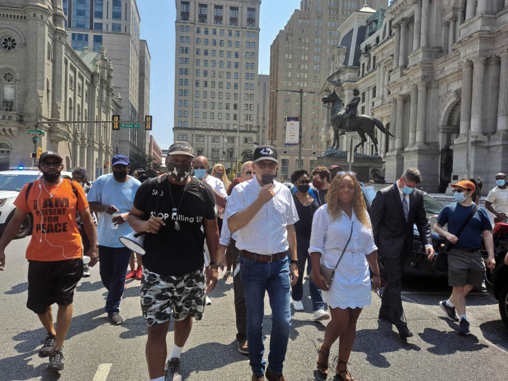 gun_violence_protest_philly_XC_080921 Jamal Johnson, Larry Krasner, Jamie Gauthier, and others march in a protest against gun violence