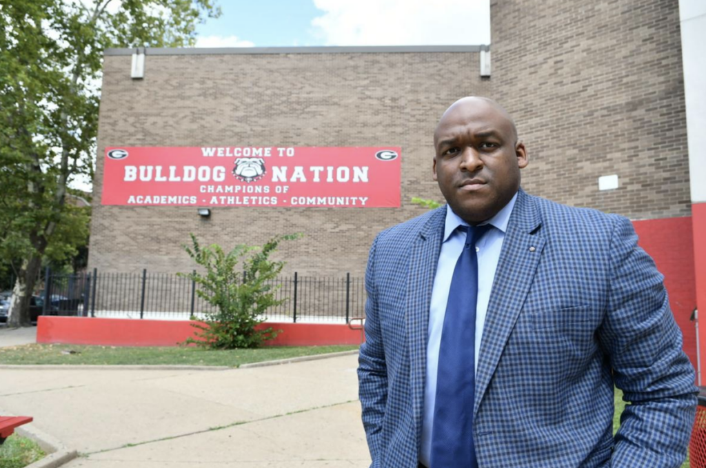 leyondo_dunn_philly_trib_081621 Leyondo Dunn stands outside Gratz high school