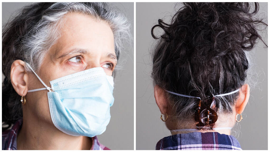 A woman is seen from the front and from behind while wearing a mask with ear loops