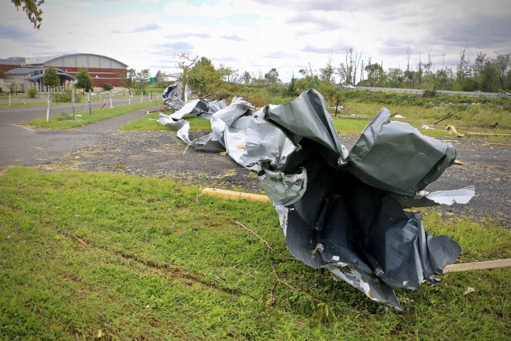 2020 09 03-e lee-upper dublin high school-tornado damage roof Wreckage at school after Hurricane Ida