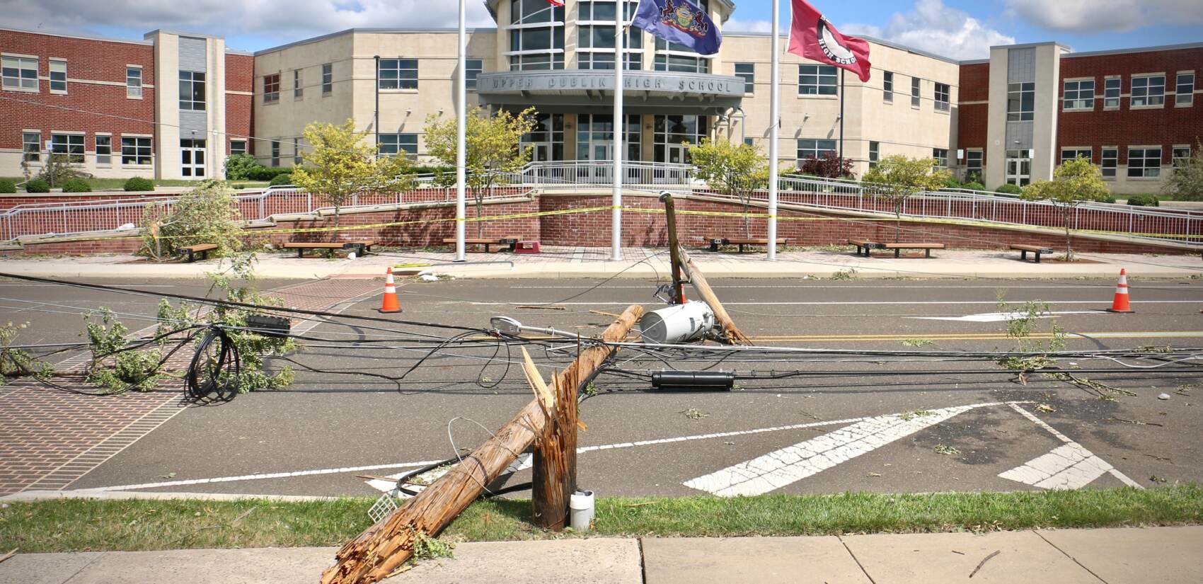 Wreckage in front of Upper Dublin High School after tornado.