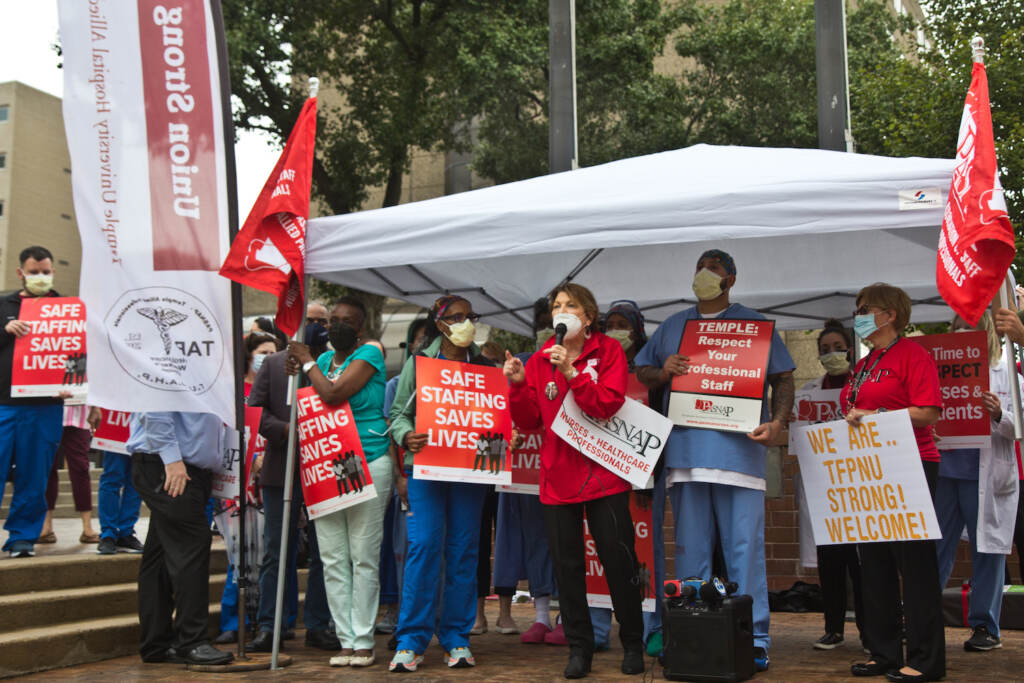 2021 09 23 k paynter temple nurses protest-2 Mary Adamson, an ICU nurse, and president of the Temple University Nurses Association, led a rally for more nurse staffing and in support of the Patient Safety Act on September 23, 2021. (Kimberly Paynter/WHYY)
