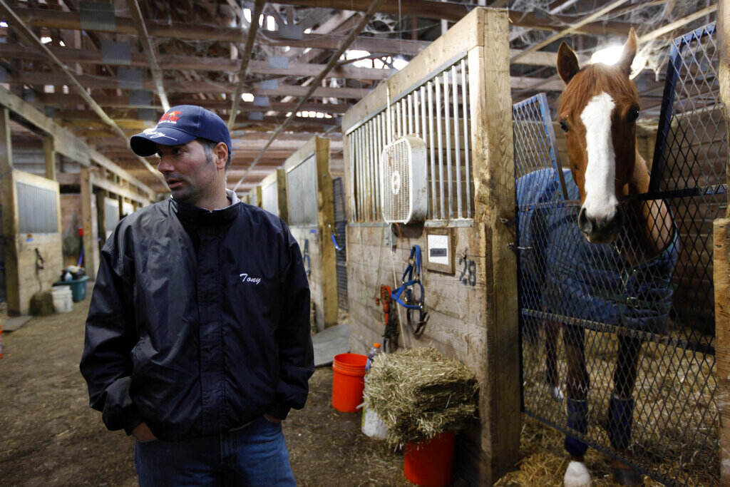Jockey Protest Horse Racing Trainer Tony Adamo makes remarks during a 2010 boycott at Penn National Race Course in Grantville, Pa. (AP Photo/Matt Rourke)