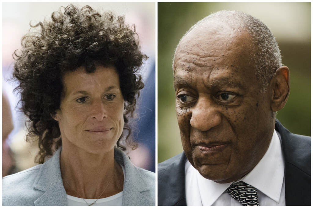 Bill Cosby Constand Memoir This combination of file photos shows Andrea Constand, left, walking to the courtroom during Bill Cosby's sexual assault trial June 6, 2017, at the Montgomery County Courthouse in Norristown, Pa.; and Bill Cosby, right, arriving for his sexual assault trial June 16, 2017, at the Montgomery County Courthouse in Norristown, Pa. (AP Photo/Matt Rourke, File)