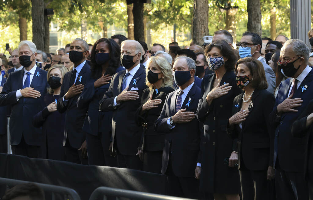 Joe Biden, Jill Biden, Barack Obama, Michelle Obama, Bill Clinton, Hillary Clinton, Michael Bloomberg, New York City Commemorates 20th Anniversary Of 9/11 Terror Attacks From left, former President Bill Clinton, former First Lady Hillary Clinton, former President Barack Obama, former First Lady Michelle Obama, President Joe Biden, First Lady Jill Biden, former New York City Mayor Michael Bloomberg, Bloomberg's partner Diana Taylor, Speaker of the House Nancy Pelosi (D-CA) and Senate Minority Leader Charles Schumer (D-NY) stand for the national anthem during the annual 9/11 Commemoration Ceremony at the National 9/11 Memorial and Museum on Saturday, Sept. 11, 2021 in New York