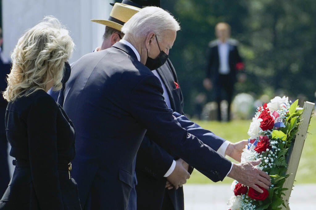 Joe Biden, Jill Biden President Joe Biden and first lady Jill Biden lay a wreath at the Wall of Names during a visit to the Flight 93 National Memorial in Shanksville, Pa., Saturday, Sept. 11, 2021