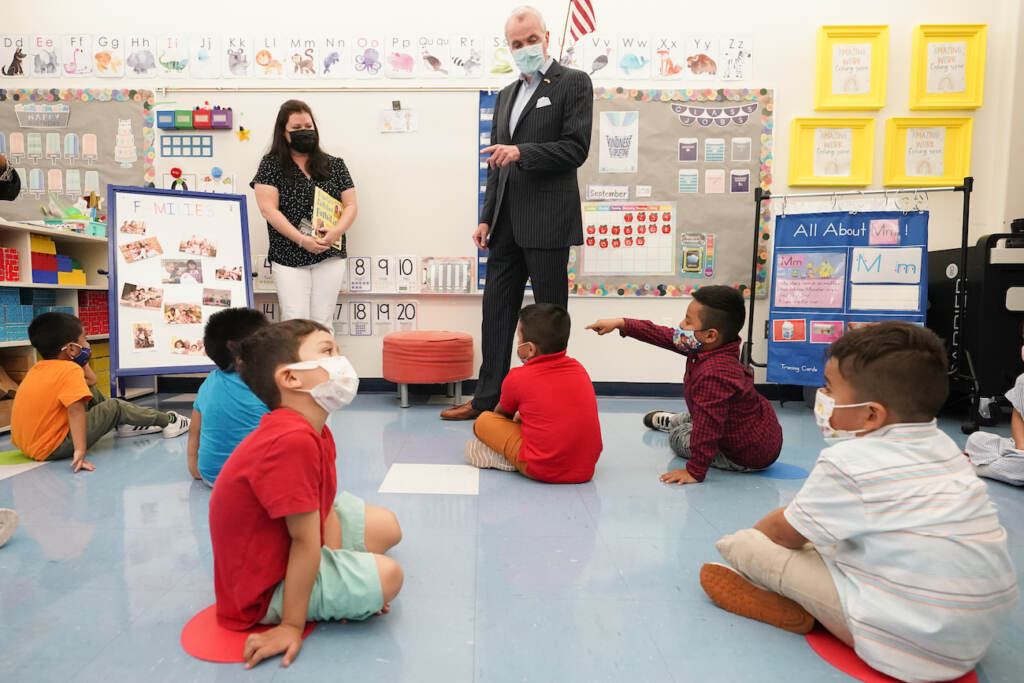 Phil Murphy New Jersey Gov. Phil Murphy talks to three and four year old students in a pre-K class at the Dr. Charles Smith Early Childhood Center, Thursday, Sept. 16, 2021, in Palisades Park, N.J. Murphy toured the school before announcing plans to plans to provide universal pre-K for all families in New Jersey. (AP Photo/Mary Altaffer)