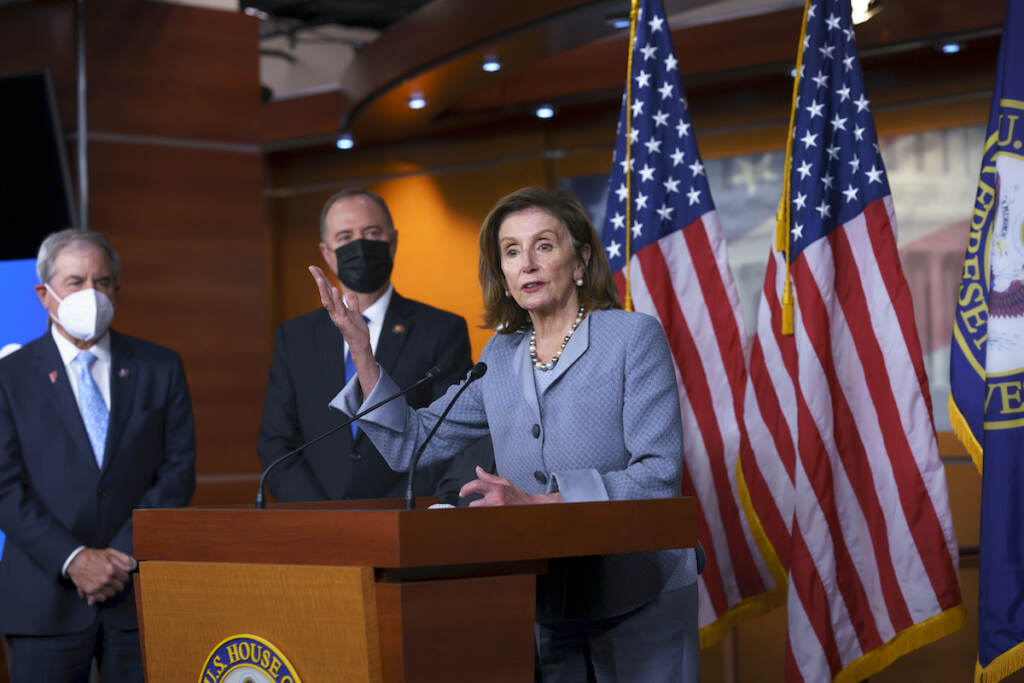 Nancy Pelosi, John Yarmuth, Adam Schiff Speaker of the House Nancy Pelosi, D-Calif., joined from left by House Budget Committee Chair John Yarmuth, D-Ky., and House Intelligence Committee Chairman Adam Schiff, D-Calif., talks to reporters about the