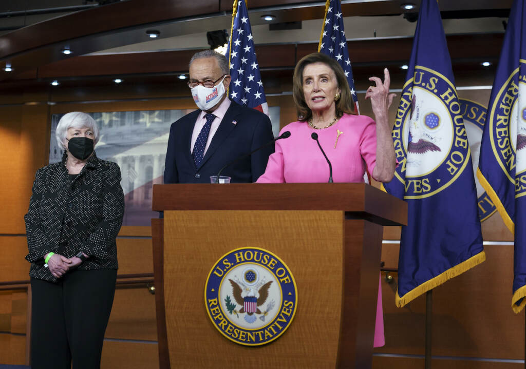 Nancy Pelosi, Chuck Schumer, Janet Yellen Nancy Pelosi, Chuck Schumer, and Janet Yellen surround a podium