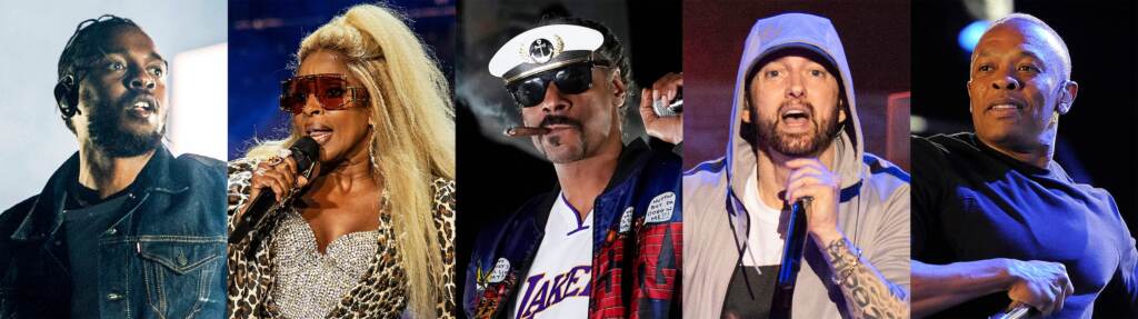 AP21273756268585 (1) This combination of photos shows, from left, Kendrick Lamar, Mary J. Blige, Snoop Dogg, Eminem and Dr, Dre, who will perform for the first time together on stage at the 2022 Pepsi Super Bowl Halftime Show. NFL, Pepsi and Roc Nation announced Thursday that the five music icons will perform on Feb. 13 at SoFi Stadium in Inglewood, Calif.