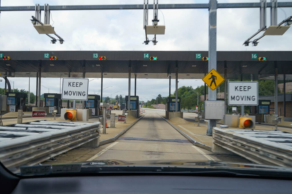 Sensors and lights are seen at the west bound toll gate of the Pennsylvania Turnpike