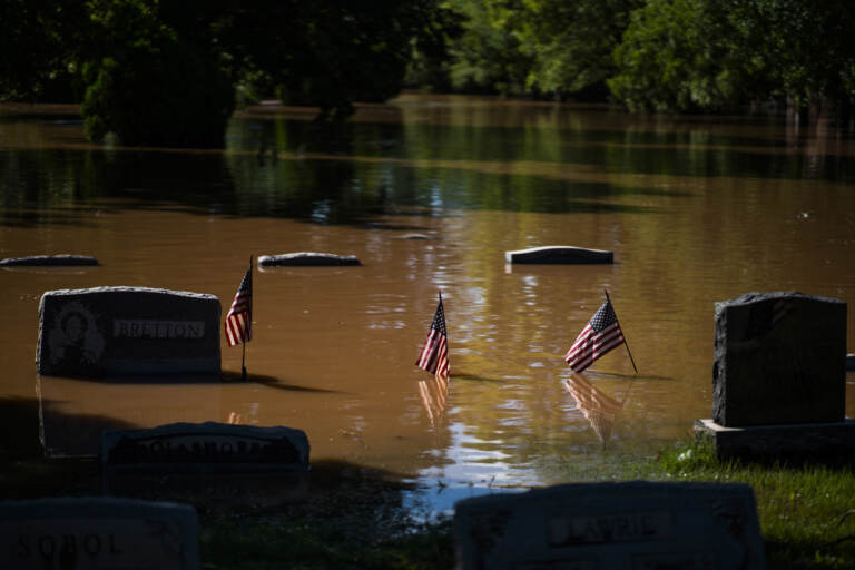 Headstones at a cemetery that flooded are seen in Somerville