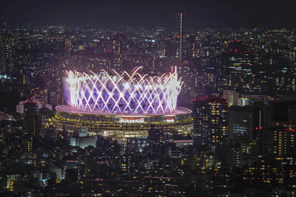 Tokyo 2020 Paralympics Closing Ceremony Fireworks illuminate over National Stadium viewed from Shibuya Sky observation deck