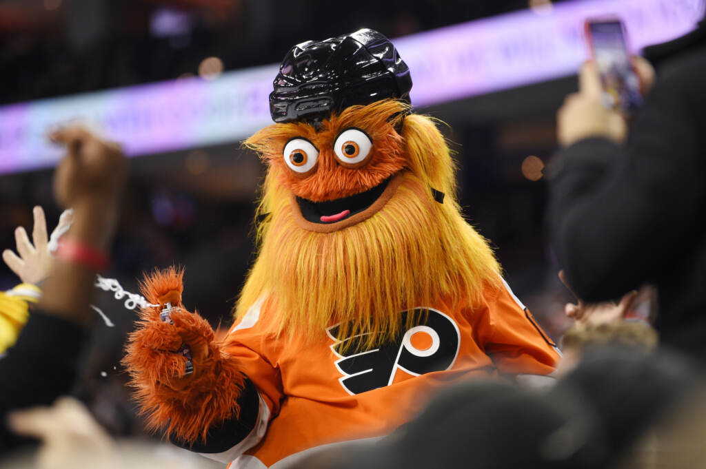 NHLPA Poll Hockey Gritty shoots silly string at a Flyers game
