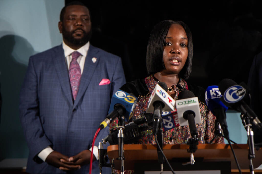 Rickia Young speaks during a press conference