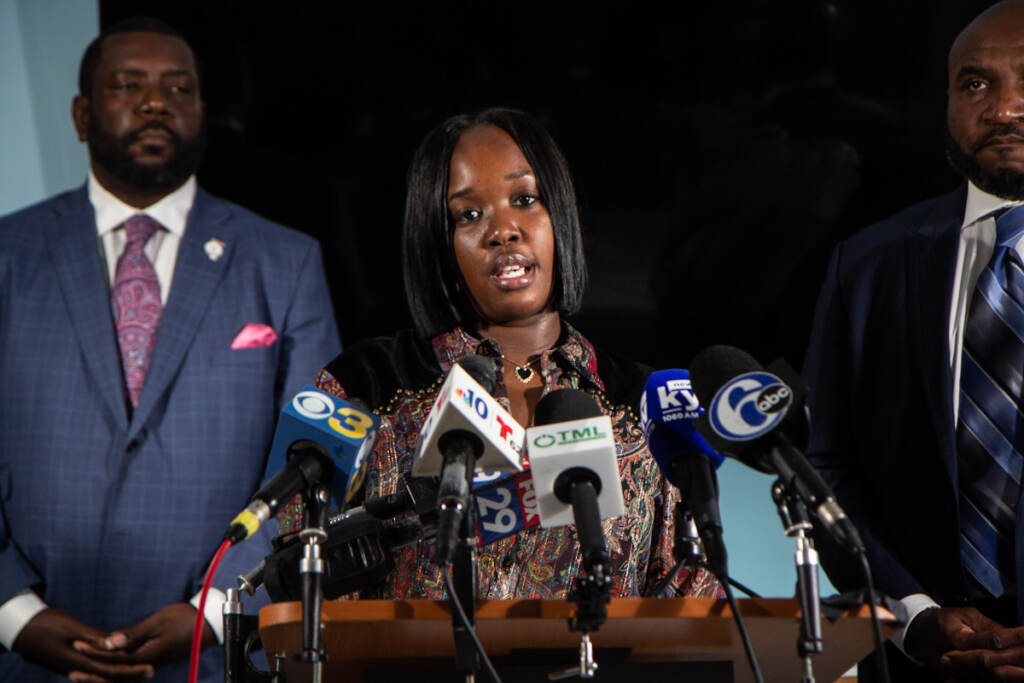 IMG_2828 Rickia Young talked about the emotional damages at a press conference announcing the pre-settlement at the Mincey Fitzpatrick Ross law firm on September 14, 2021. (Kimberly Paynter/WHYY)
