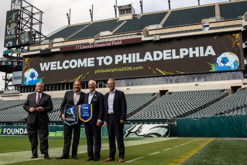 IMG_3347 File photo: Philadelphia Mayor Jim Kenney posed with delegates from FIFA and United States Soccer at Lincoln Financial Field on September 22, 2021. Philadelphia is a candidate city to host the 2026 World Cup. (Kimberly Paynter/WHYY)