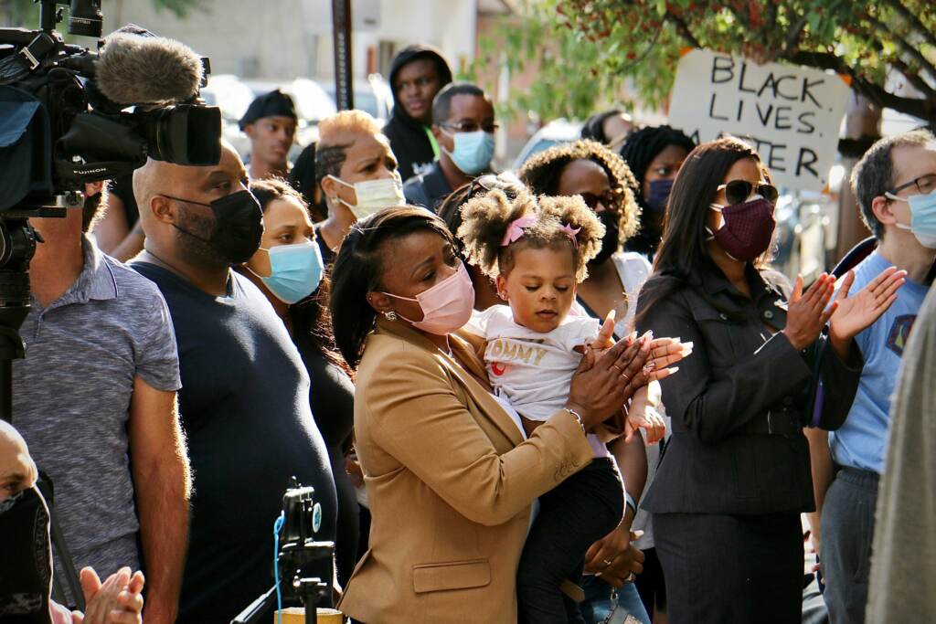 Image from iOS (188) A crowd gathers outside Chester police headquarters, where the family of Bahir Green held a press conference to demand answers about the 16-year-old’s arrest. A video appeared to show Chester police beating the boy after he surrendered. (Emma Lee/WHYY)