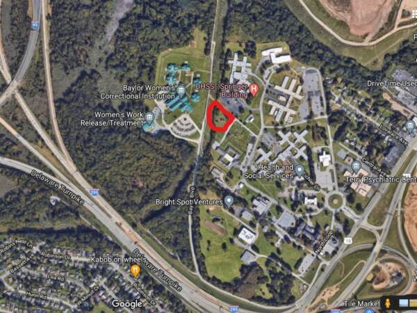 The Spiral Cemetery on the grounds of the Delaware Psychiatric Center on U.S. 13 is within the area bounded by the red marker. (Cris Barrish/WHYY)