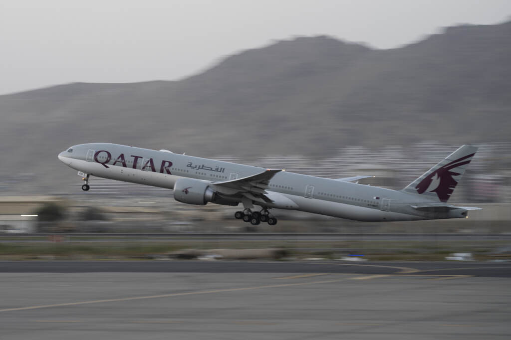 In this Sept. 9, 2021, photo, a Qatar Airways aircraft takes off with foreigners from the airport in Kabul, Afghanistan. Flight leaves Kabul