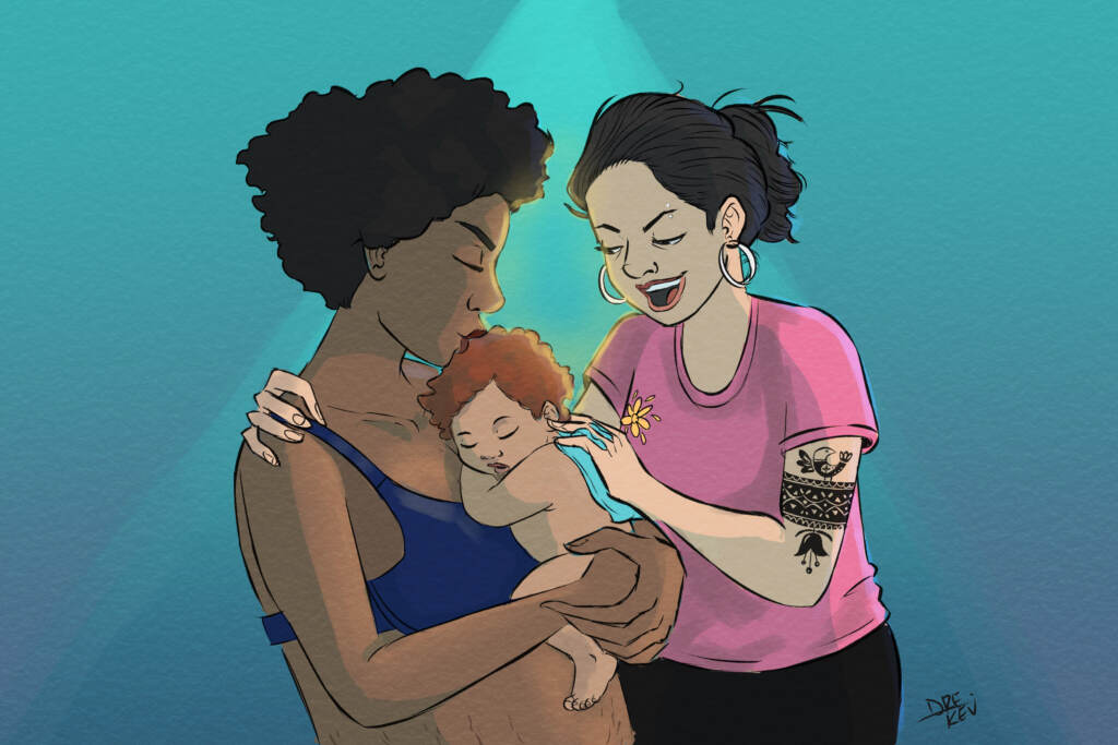 birthexperiences-drereed-01 An illustration of a couple holding a baby.