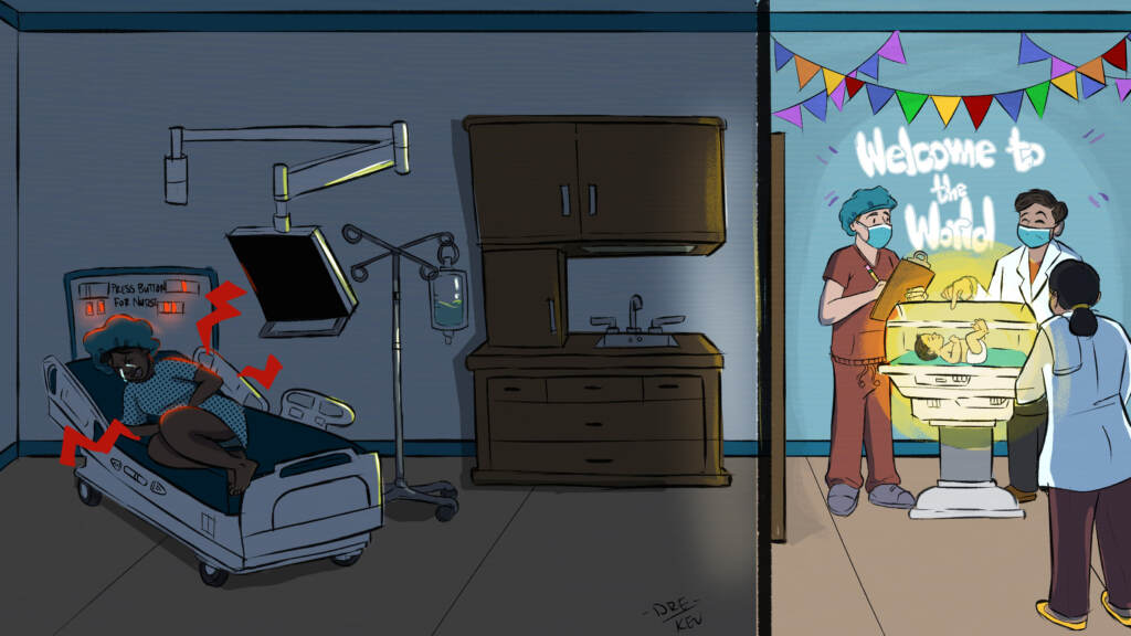 birthexperiences-drereed-02 An illustration shows a patient of color writhing in pain on a hospital bed to the left, while doctors tend dotingly to a newborn on the right
