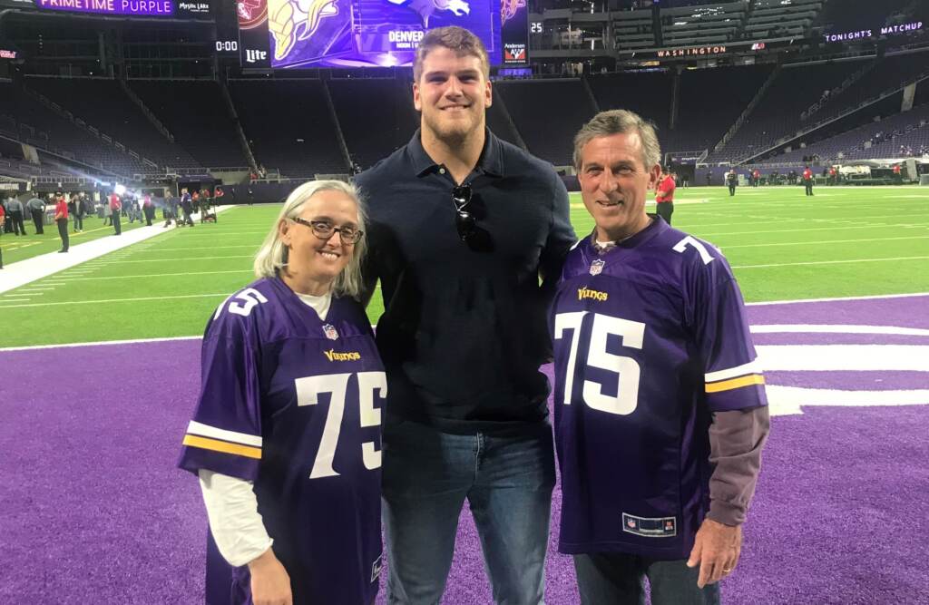 carneys and o’neill crop Minnesota Vikings star lineman Brian O'Neill (center) poses after a 2019 home game with his uncle and aunt, Delaware Gov. John Carney and First Lady Tracey Quillen