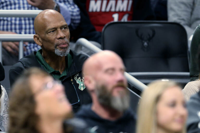 NBA Hall of Famer Kareem Abdul-Jabbar looks on during the game between the Miami Heat and Milwaukee Bucks at the Fiserv Forum on October 26, 2019 in Milwaukee, Wisconsin