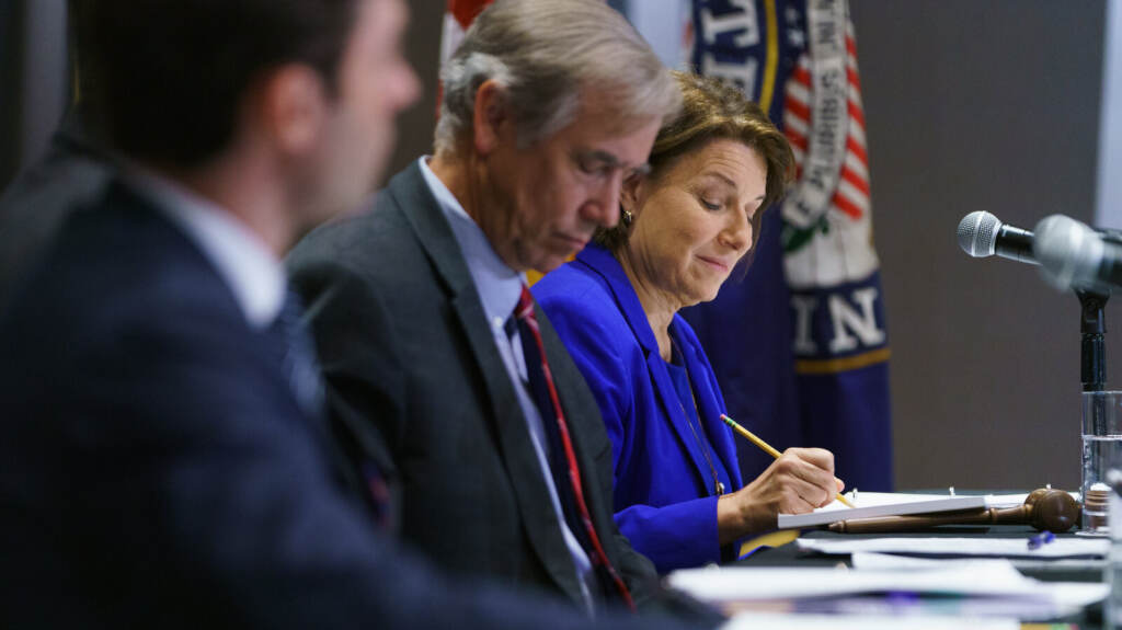 Senate Rules Committee Holds Field Heating In Atlanta On Georgia Voting Laws U.S. Sen. Amy Klobuchar (D-MN) takes notes during a U.S. Senate Rules Committee Georgia Field Hearing