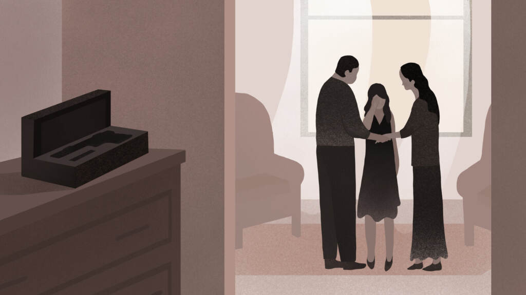 An illustration of two parents comforting their child