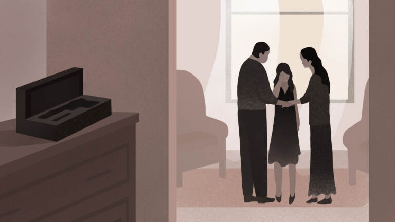 An illustration of two parents comforting their child