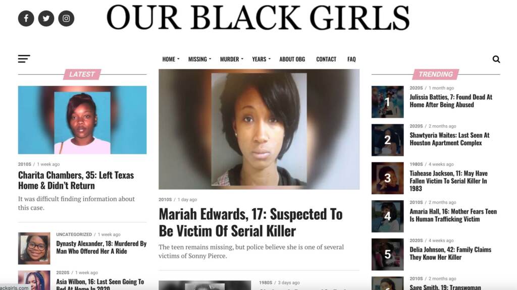 Created in 2018, the Our Black Girls website centers the stories of missing Black girls and women. Created in 2018, the Our Black Girls website centers the stories of missing Black girls and women. (ourblackgirls.com/Screenshot by NPR)