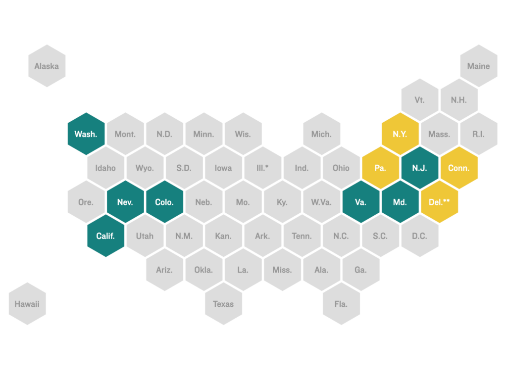This map shows the 11 states with redistricting rules about reallocating counts of incarcerated people to where they last lived before they were locked up for the redrawing of voting maps this year.