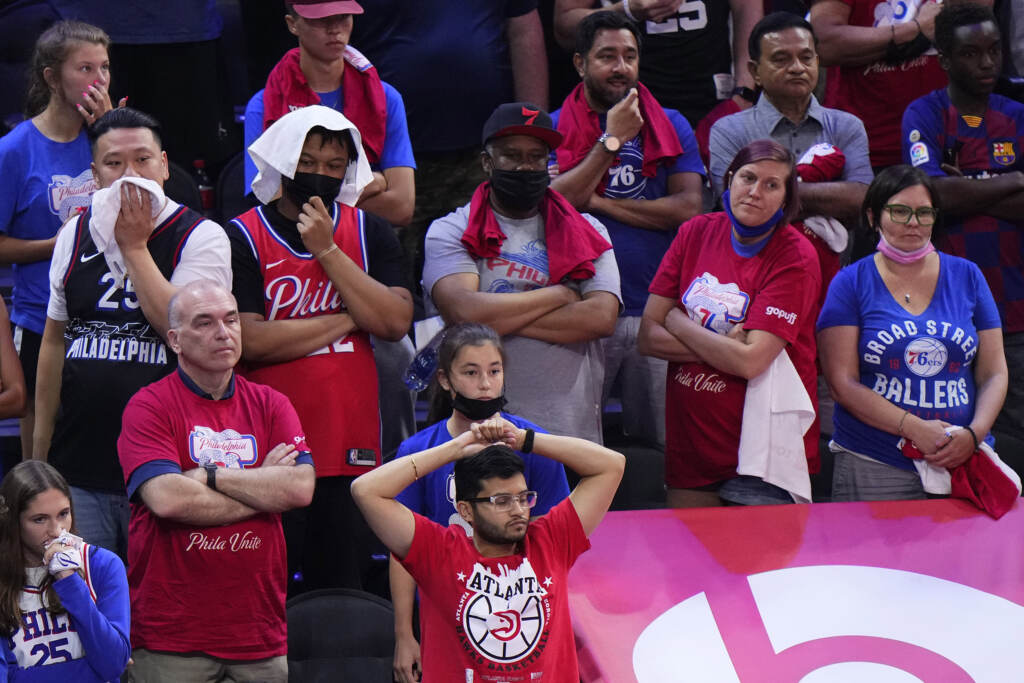 76ers Wrapup Basketball Philadelphia 76ers' fans watch the final minutes of Game 7 in a second-round NBA basketball playoff series against the Atlanta Hawks, Sunday, June 20, 2021, in Philadelphia. (AP Photo/Matt Slocum)