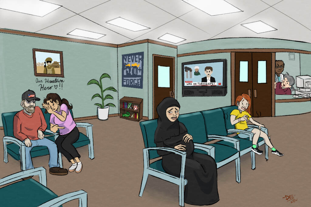 worried pregnant muslim woman1200_800 Research has shown a link between exposure to racism and birth outcomes. The terror attacks offered a unique window on the effects of anti-Arab racism. (Illustration by Andre Reed)