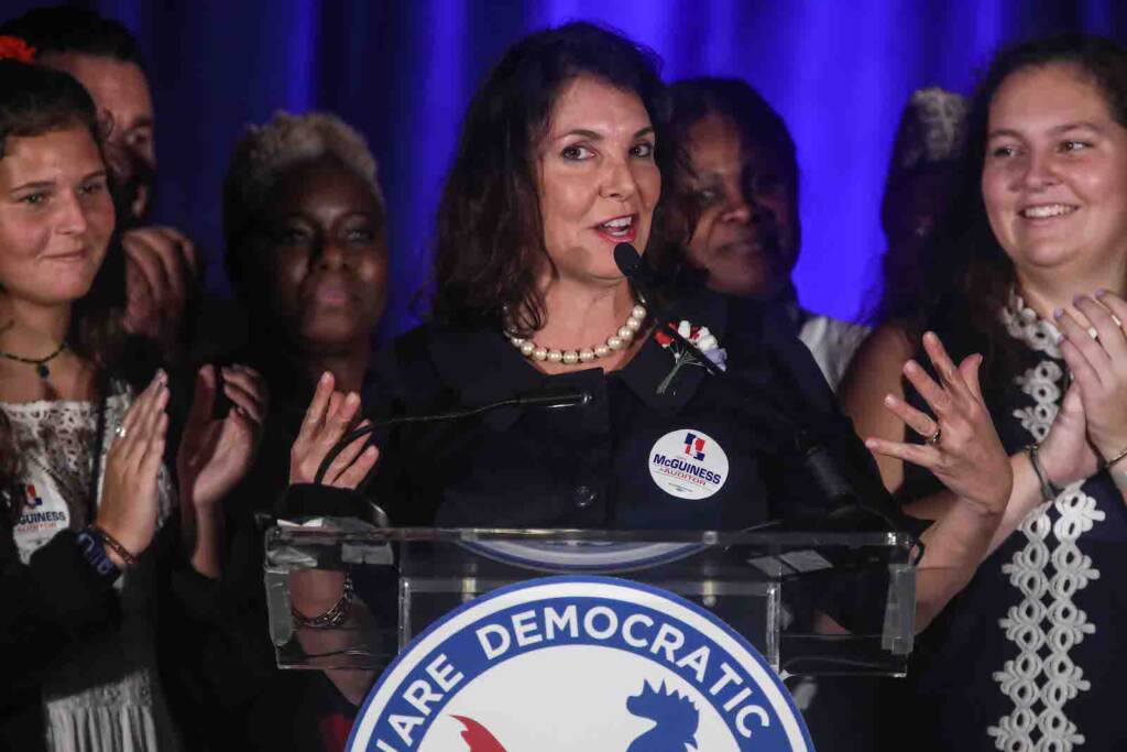 State Auditor elect Kathleen McGuiness addresses supporters during Democrat Watch Party Tuesday, Nov. 06, 2018 Delaware State Auditor Kathleen McGuiness