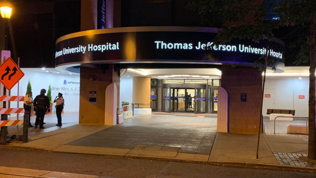 11077761_jefferson-shooting The exterior of Jefferson Hospital at night