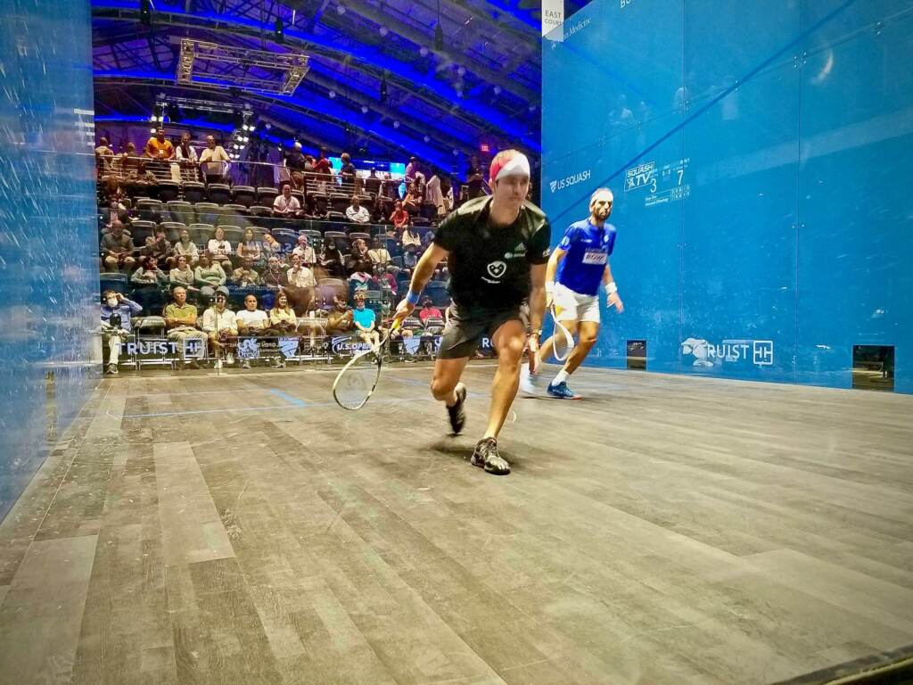 2020 10 04-p crimmins-diego elias mohamed el shorbagy-philadelphia drexel university-us squash Diego Elías of Peru (in black) plays against Mohamed el Shorbagy of Egypt (in blue), in the US Open for squash at the new Arlen Spector Squash Center on the campus of Drexel University