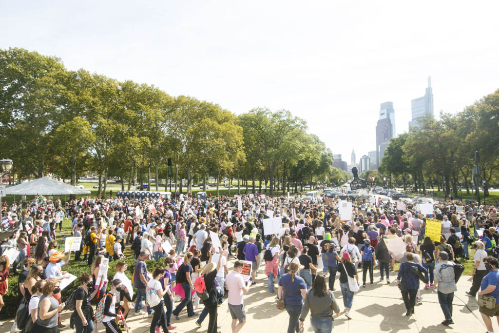 Marchers walk from the art museum to Philadelphia City Hall as part of an abortion rights rally held in Philadelphia, PA on Saturday, Oct. 2, 2021. Hundreds gather in Philadelphia as part of 