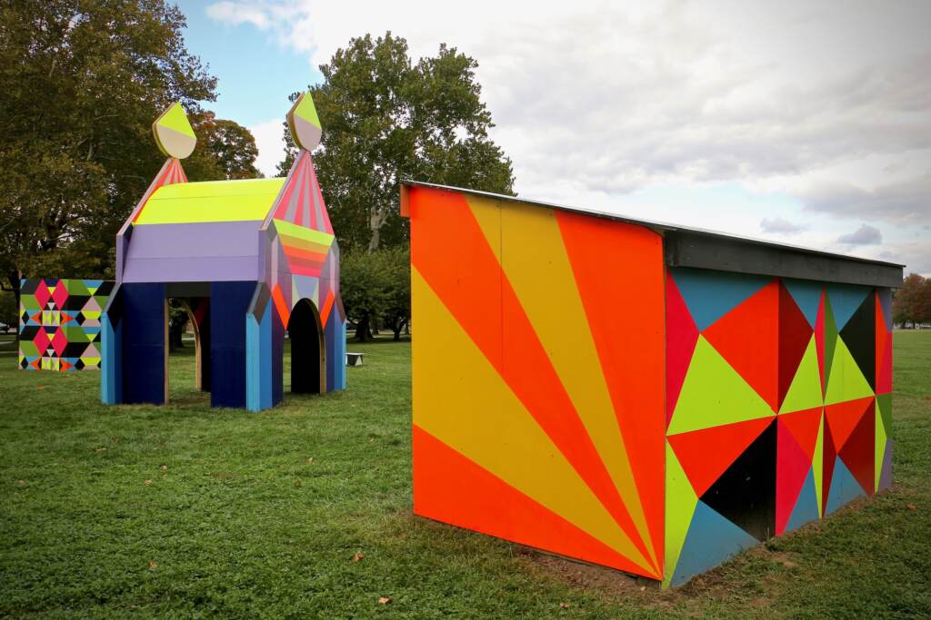 2021 10 18-e lee-philladelphia navy yard-magical fantasy public art installation 5 Structures with bright colors and bold geometric designs is the signature style of London-based artist Morag Myerscough
