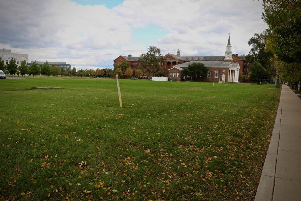 The Nary Yard's first residential project, a 611-unit mixed income apartment complex, will occupy the field adjacent to the Chapel of Four Chaplins on Constitution Avenue