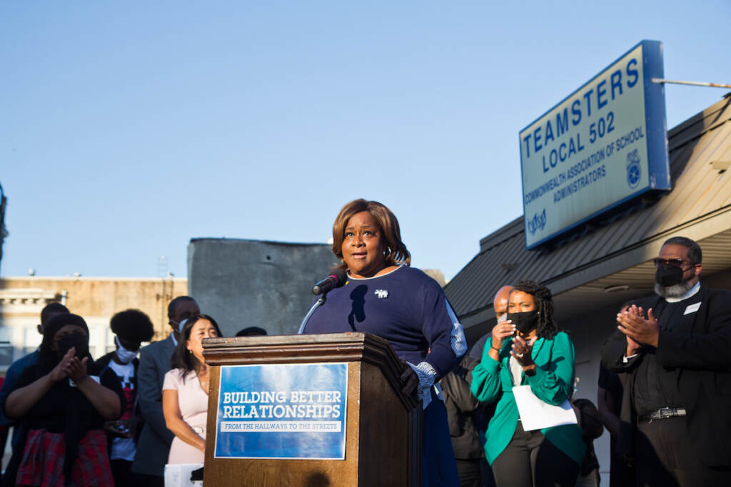 Robin Cooper, president of Teamsters Local 502, which represents school districts principals in Philadelphia, called for funding to fill school vacancies in the district at a press conference demanding more support from the city to combat gun violence around district schools on October 20, 2021, a few days after a student was seriously wounded at Lincoln High School